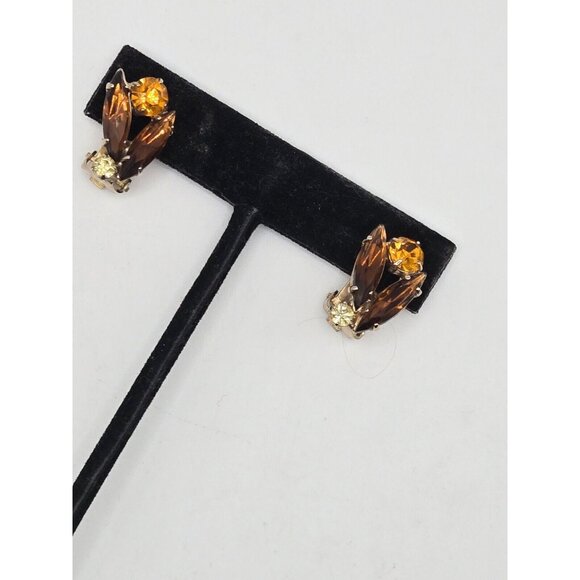 Vintage Brooch 2.5" and Clip Earrings 1940s Golden Citron and Brown Rhinestones - Picture 7 of 7